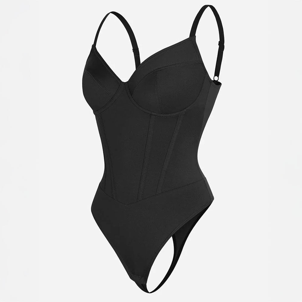 Sieviešu bezšuvju korsetveida bodijs ar T-stringa piegriezumu – ideāli zem kleitām un pieguļoša apģērba, balts fons, produkta foto