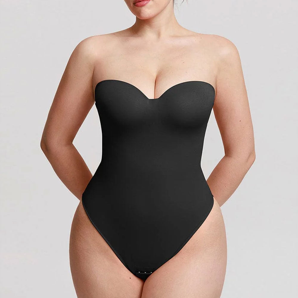 shapewear, melns bezvīļu bodijs ar koriģējošu efektu, ar noņemamām lencītēm, bez lencītēm, modele uz balta fona
