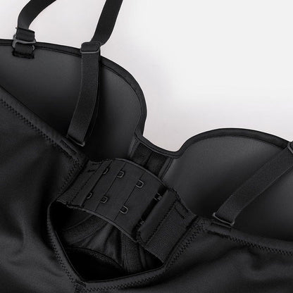 shapewear, melns bezvīļu bodijs ar koriģējošu efektu, ar noņemamām lencītēm, detaļu skats, tuvplāns,