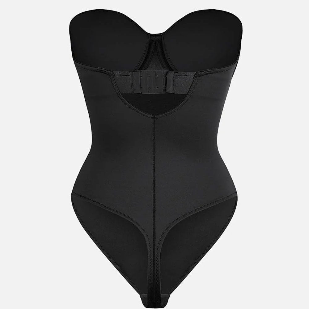 shapewear, melns bezvīļu bodijs ar koriģējošu efektu, ar noņemamām lencītēm, produkta foto no aizmugures