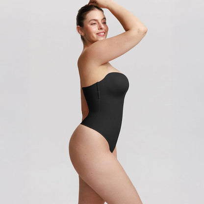 shapewear, melns bezvīļu bodijs ar koriģējošu efektu, ar noņemamām lencītēm, sānskats uz modeles