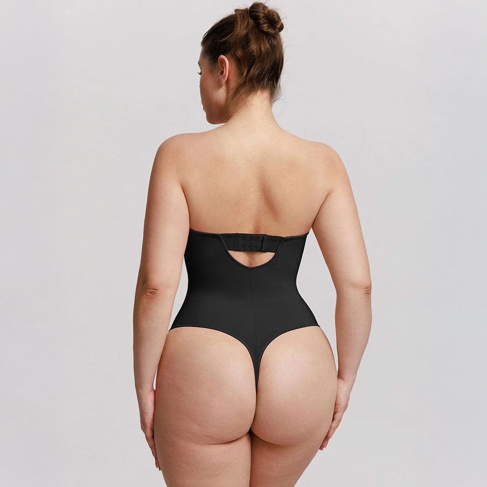 shapewear, melns bezvīļu bodijs ar koriģējošu efektu, ar noņemamām lencītēm, skats no aizmugures