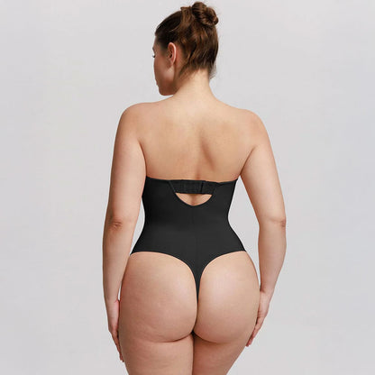 shapewear, melns bezvīļu bodijs ar koriģējošu efektu, ar noņemamām lencītēm, skats no aizmugures