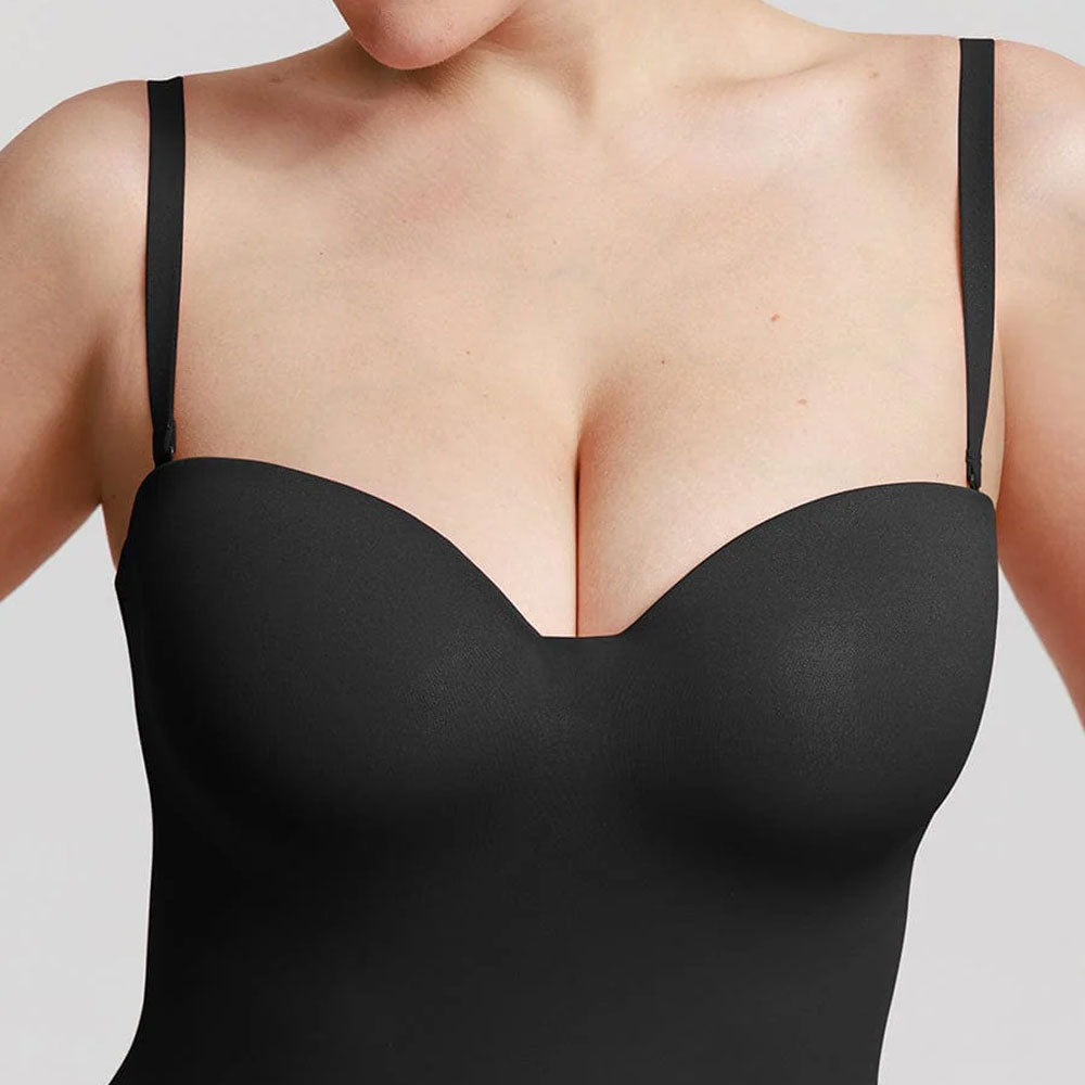 shapewear, melns bezvīļu bodijs ar koriģējošu efektu, ar noņemamām lencītēm, lencītes uzliktas, tuvplāns