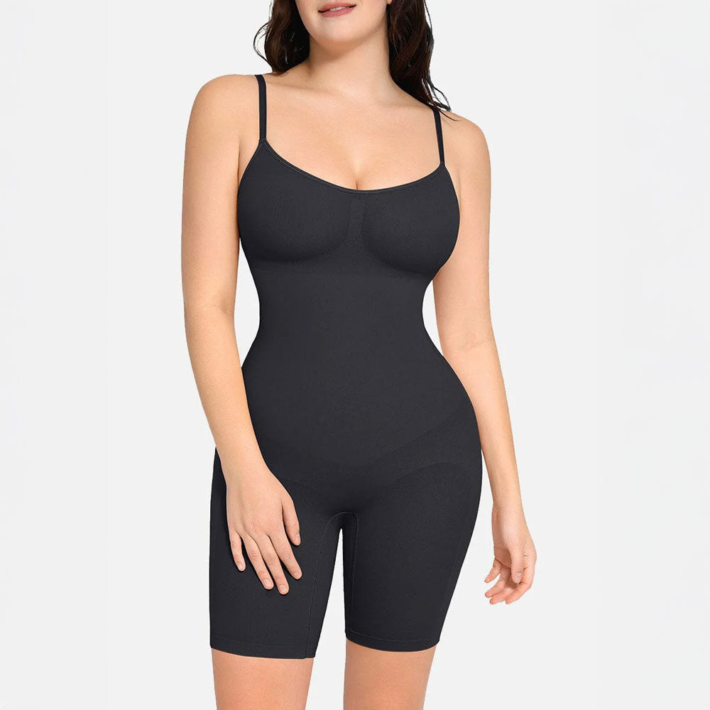 Bezšuvju pilna auguma koriģējošais bodijs ar sēžamvietas pacelšanas efektu un regulējamām lencēm – sieviešu shapewear ar šortu daļu, melns