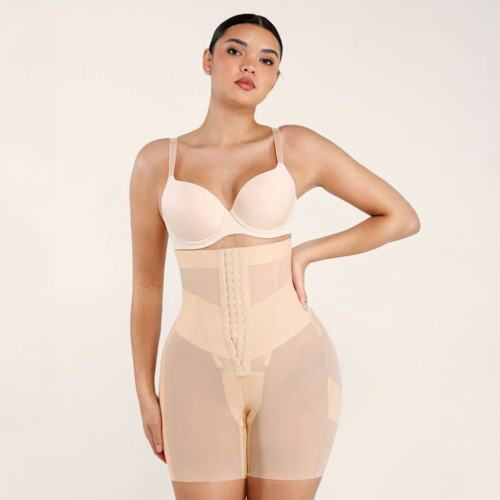 Koriģējošie šorti ar augsto jostasvietu un sietiņaudumu – sieviešu shapewear apakšveļa, stingri koriģējoša
