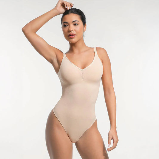 Bezšuvju bodijs ar iebūvētu krūšturi un ar augsto jostasvietu un T-stringa piegriezumu – sieviešu koriģējošā apakšveļa