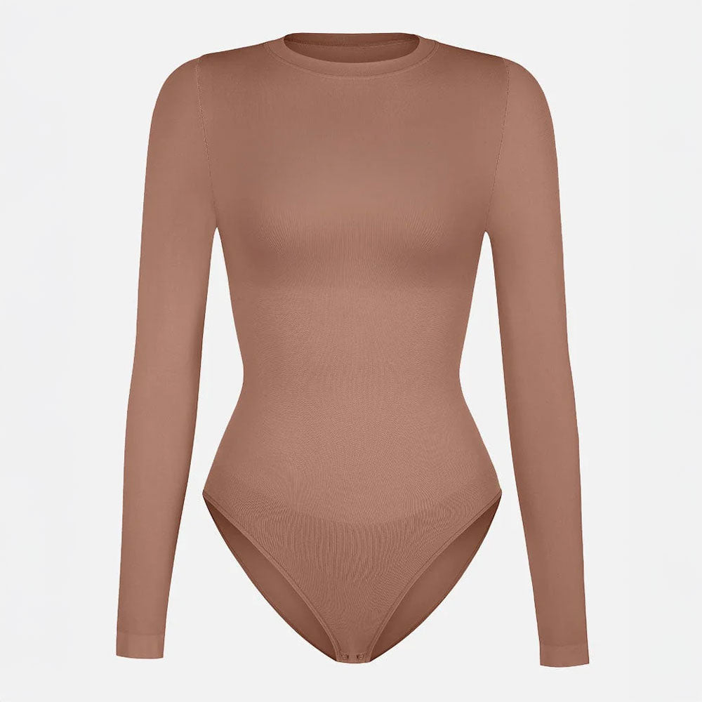 Koriģējošs bodijs gaiši brūnā krāsā ar apaļu kakla līniju, produkta foto