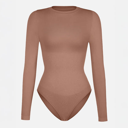 Koriģējošs bodijs gaiši brūnā krāsā ar apaļu kakla līniju, produkta foto