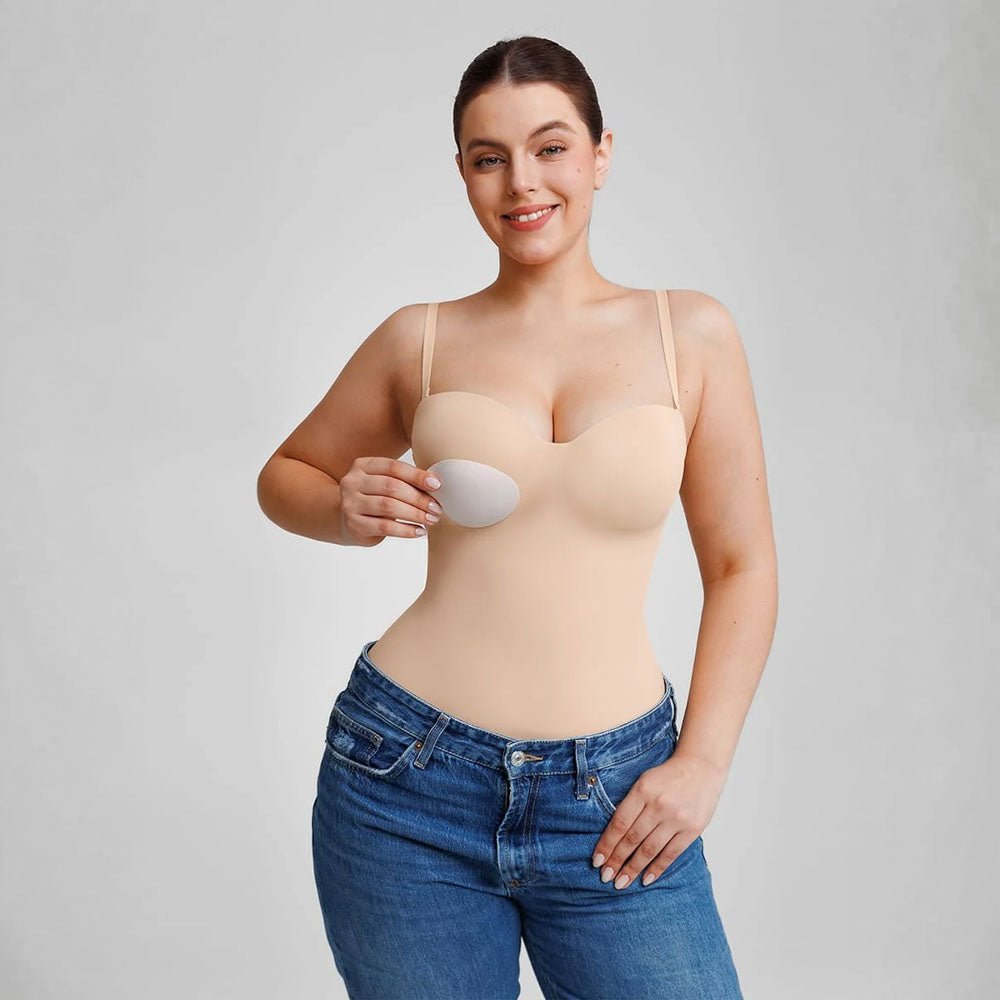 Premium Bodijs ar Noņemamām Lencītēm un Klasisko Piegriezumu - Bella - ElorélleBēšsShapewear