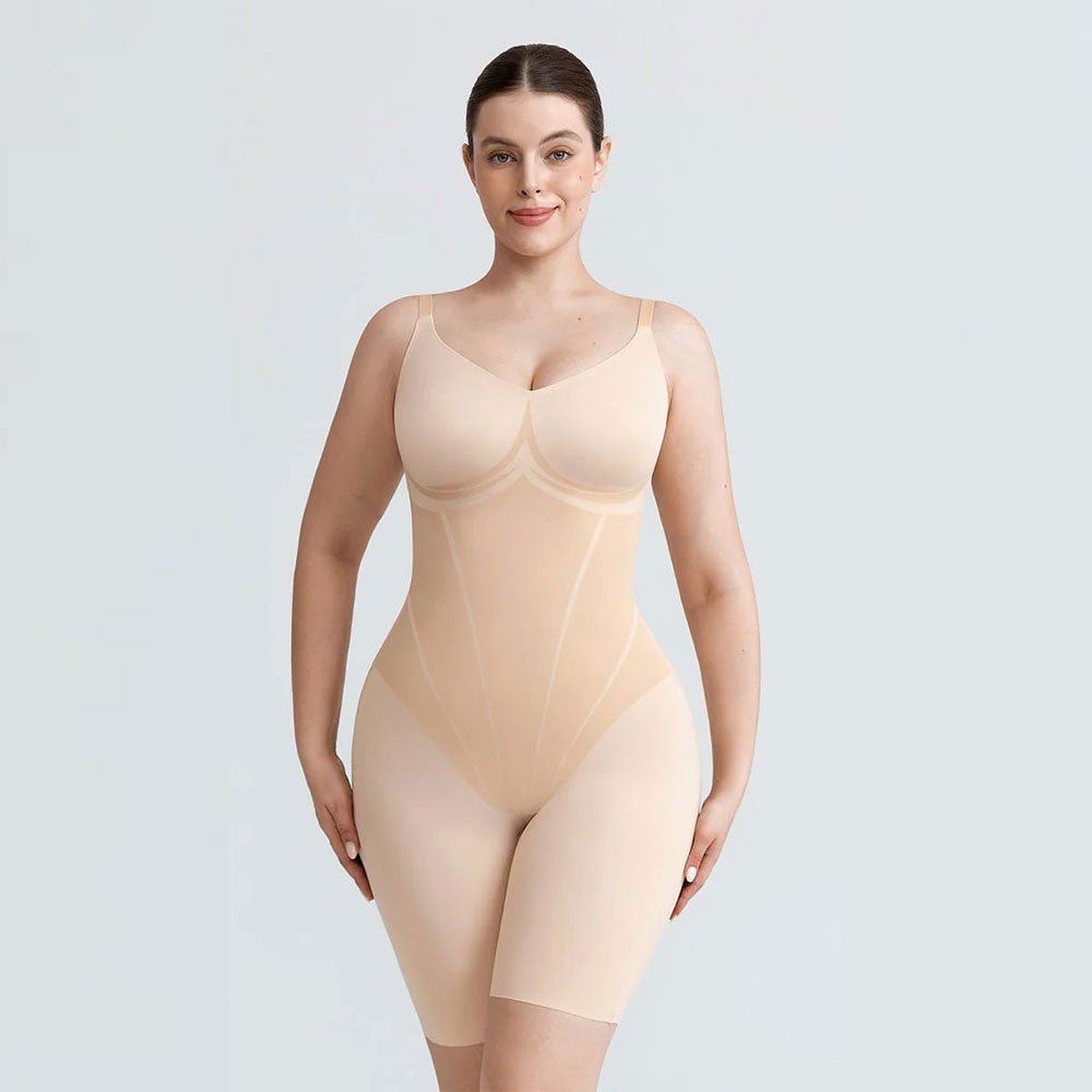 Liquid LYCRA™ V-veida Izgriezuma Viegli Koriģējošs Bodijs ar Šotyu Daļu - ElorélleBēšsShapewear