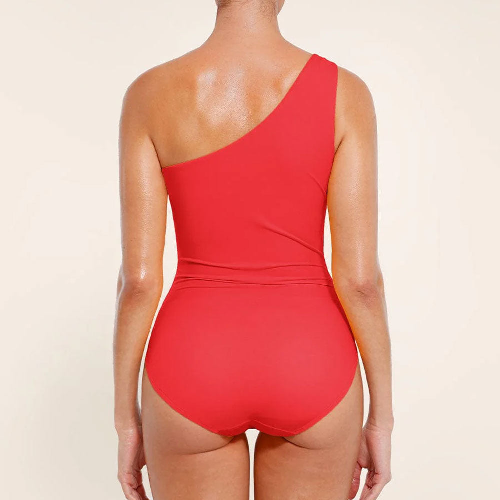 Vienpleca koriģējošs peldkostīms sievietēm ar vēdera izlīdzinošu krokojumu, mugurskats
