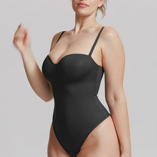 shapewear, melns bezvīļu bodijs ar koriģējošu efektu, ar noņemamām lencītēm, produkta foto no aizmugures, video uzskatei